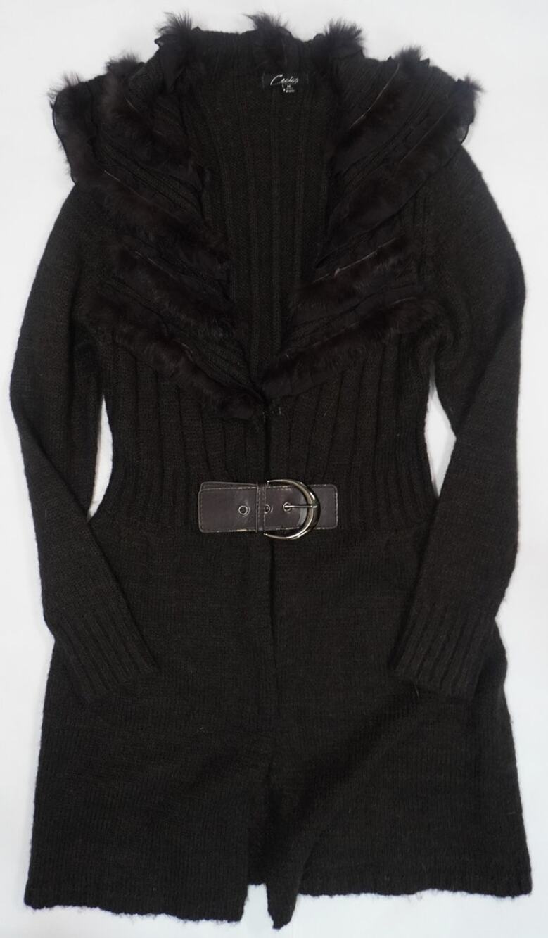 Cecico Y2K Brown Faux Rabbit Fur Trim Belted Long Cardigan M